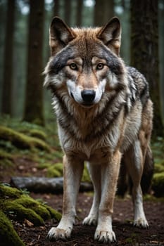 A lone wolf commands the scene, a symbol of mystery and strength in nature's embrace.