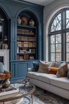 A blue room with a fireplace and a couch. The room is decorated with a blue color theme and has a lot of books on the shelves
