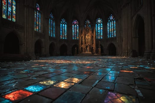 Stained glass windows and candlelight create a peaceful atmosphere within the church.