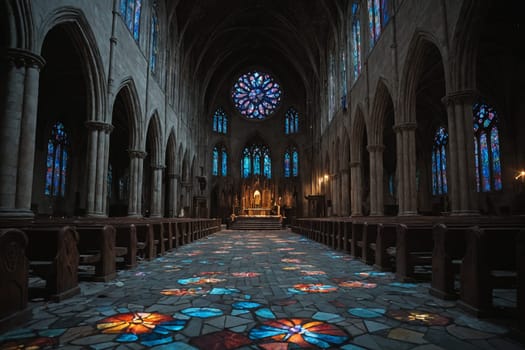 Daylight plays with colors on the church's floor, lit by candlelight.