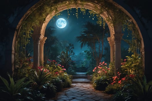 Full moon pours its silvery light on a tranquil garden, where an inviting cobblestone path meanders, flanked by lamp posts and a medley of stunning blooms.
