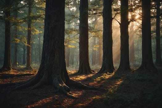 The picture wonderfully captures the essence of a sunlit forest, where light illuminates the tall brown tree trunks and tender green leaves. The ground is a blend of leafy green plants and scattered pine needles, enhancing the natural beauty of the scene.
