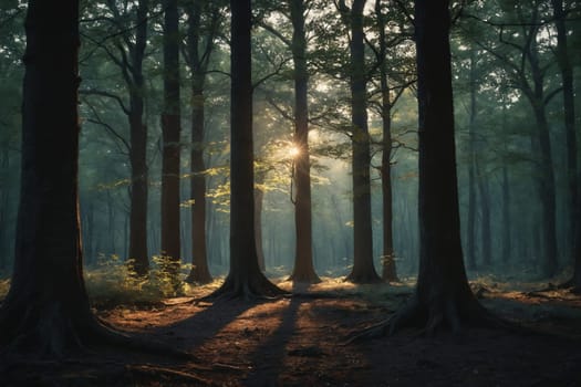 The image encapsulates a dawn break in a forest, where sunrays pierce through the tall trees, illuminating the ground carpeted with leaves and the exposed roots. There's a serene yet mysterious aura with the slight mist in the air.