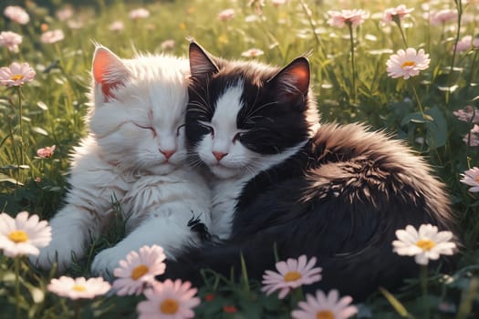 Siblings in bloom: black and spotted kittens find comfort nestled together in a vibrant floral meadow.