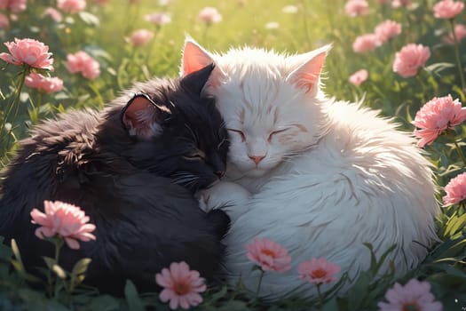A black kitten with white face markings and a spotted companion share a moment of feline tenderness in nature's embrace.