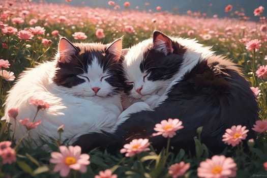 Two charming black and white cats enjoy a peaceful sleep in a sea of pink flowers, blending serenity with the beauty of nature.