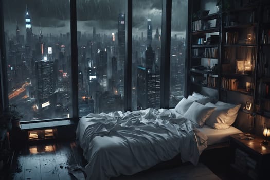 A serene high-rise bedroom offers a unique view of a rain-soaked city skyline, combining urban sophistication with nature's touch.