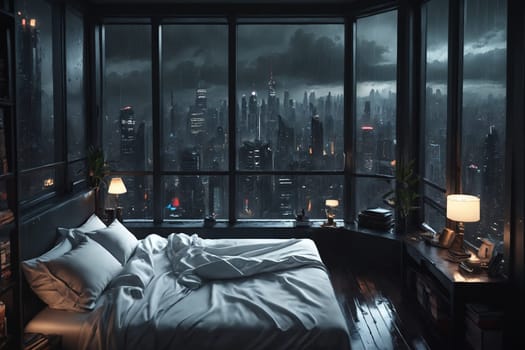 Amidst the bustling city, find solace in a bedroom with wet floors and disheveled sheets, facing the beauty of a rain-kissed urban landscape.