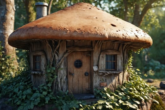 A whimsical mushroom house stands in serene forest surroundings, offering an enchanting escape into a storybook world.