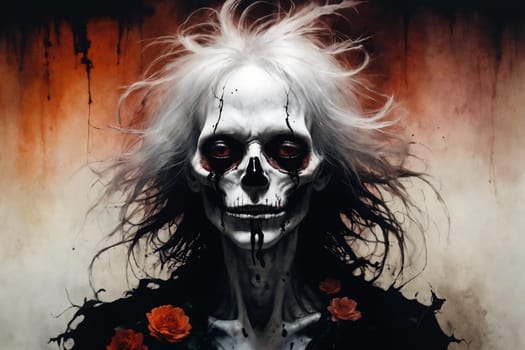A figure with untamed white hair, wearing a dark garment with vivid orange rose details against an abstract warm-toned backdrop.