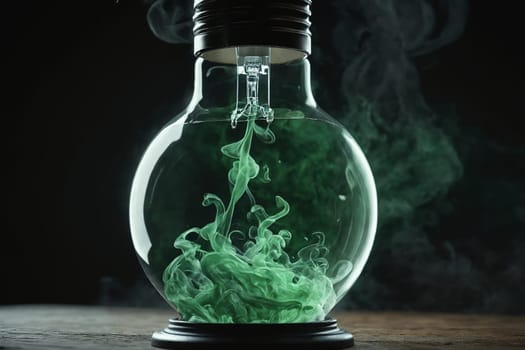 A light bulb filled with swirling green smoke evokes the mystery of an enchanted lamp, blending modernity with magic.