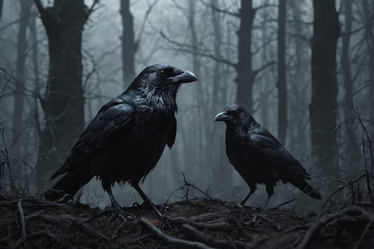 Imbued with a haunting charm, this image showcases a glossy black raven standing commandingly on a mound amidst the mystical foggy bare trees, offering a glimpse of the enigmatic side of nature.