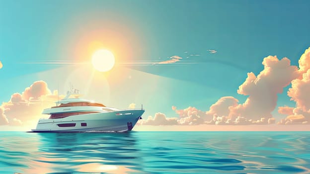 A large white yacht peacefully floats on calm water, basking in the serene surroundings of a quiet lagoon with lush palm trees lining the shore.