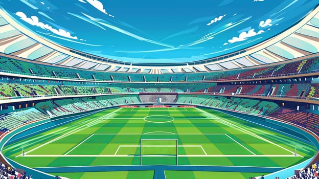 A lively painting of a soccer stadium with a green field, showcasing the excitement of a sports event with fans cheering in the stands.
