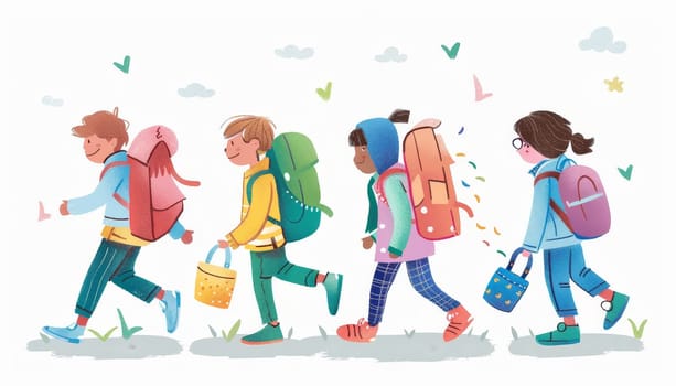 A group of children are walking down a path with backpacks by AI generated image.
