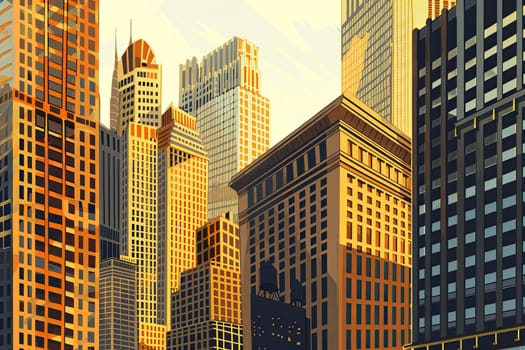 A dynamic painting depicting a bustling city with towering skyscrapers dominating the skyline.