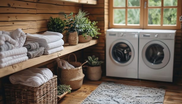 A white laundry room with a washer and dryer by AI generated image.