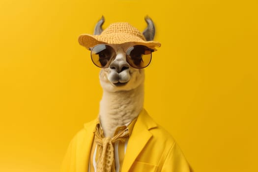 This well-accessorized llama wearing a straw hat and sunglasses presents a whimsical take on summer fashion, set on a sunny backdrop