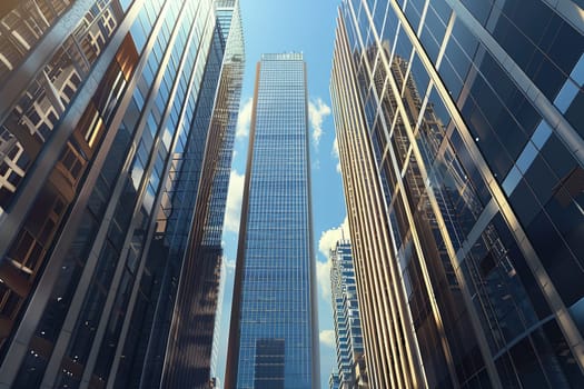 A cluster of towering skyscrapers in a bustling urban financial center, representing modern architecture and city life.