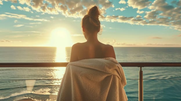A tranquil scene capturing the back of a person wrapped in a towel, admiring the sunrise over the calm ocean from a balcony.