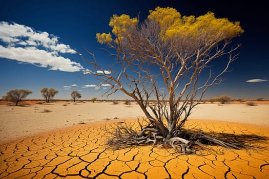 A desolate scene with a single tree standing tall amidst a cracked earth landscape under a vivid blue sky, symbolizing resilience