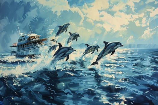 A vibrant painting captures dolphins leaping joyfully alongside a speeding yacht on a sun-kissed ocean.