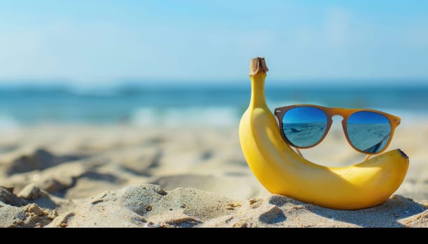 A banana is sitting on the sand with sunglasses on top of it by AI generated image.