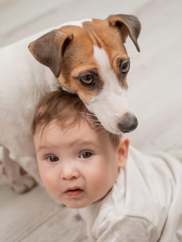 Cute baby boy and Jack Russell terrier dog lying in an embrace on a white background. Vertical photo