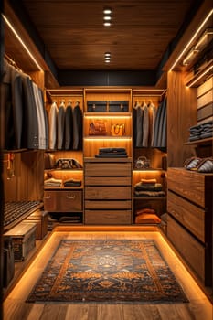 A small, dimly lit walk-in closet with a blue rug and wooden shelves. The closet is filled with clothes and accessories, including a handbag and a pair of shoes. The lighting creates a cozy