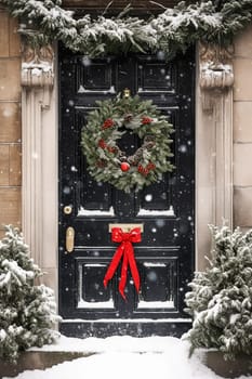 Christmas holiday, country cottage and snowing winter, wreath decoration on a door, Merry Christmas and Happy Holidays wishes, post-processed, generative ai