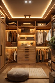 A small, dimly lit walk-in closet with a potted plant and a white pillow on the floor