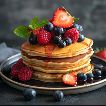 A classic breakfast dish consisting of a stack of pancakes topped with berries served on a plate. This baked goods staple food includes strawberries as the fruit ingredient