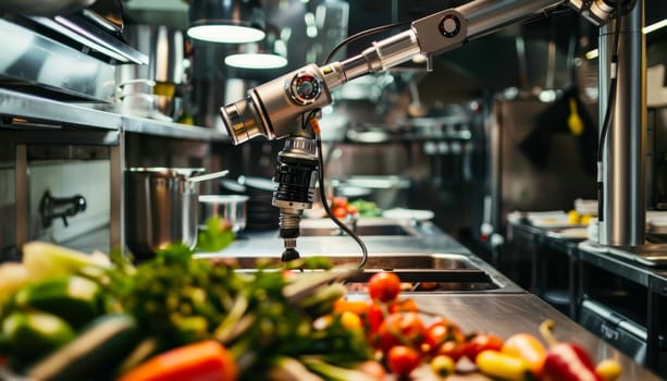 A robot arm is reaching for a tomato on a table by AI generated image.