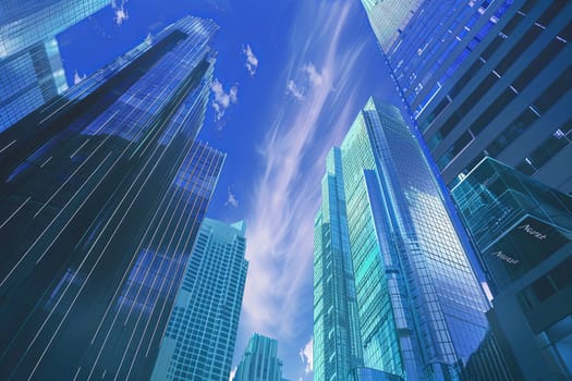 A cluster of towering skyscrapers set against a clear blue sky in an urban financial center.
