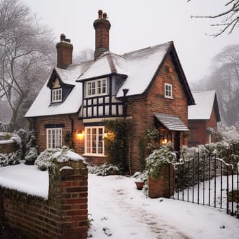 Beautiful country cottage decorated for Christmas on a snowy winter day, holiday and celebration, post-processed, generative ai