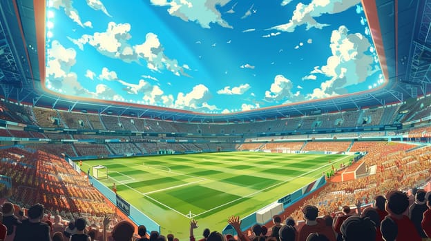 A detailed painting capturing a tennis court set within a bustling stadium, showcasing the sports venues vibrant atmosphere.