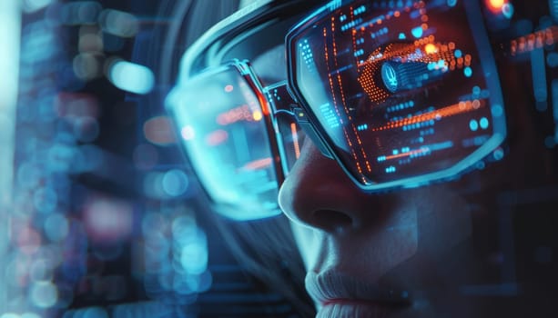 A woman is wearing virtual reality goggles and looking at a cityscape by AI generated image.