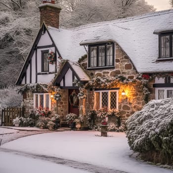 Beautiful country cottage decorated for Christmas on a snowy winter day, holiday and celebration, post-processed, generative ai