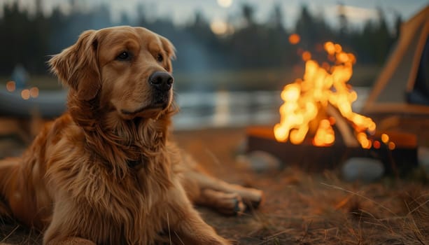 A dog is laying on the ground next to a fire by AI generated image.