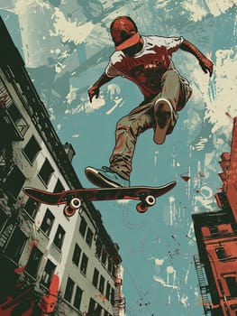 A man propels through the air while riding a skateboard in a dynamic urban setting.