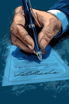 A man is writing on a piece of paper with a pen. Concept of importance and seriousness, as the man is writing something significant. The blue color of the pen