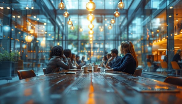 A group of people are sitting around a table in a restaurant by AI generated image.