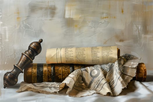 A Torah scroll, partially unrolled, alongside a spice box, represents the Jewish celebration of Shavuot, with a soft, neutral backdrop.