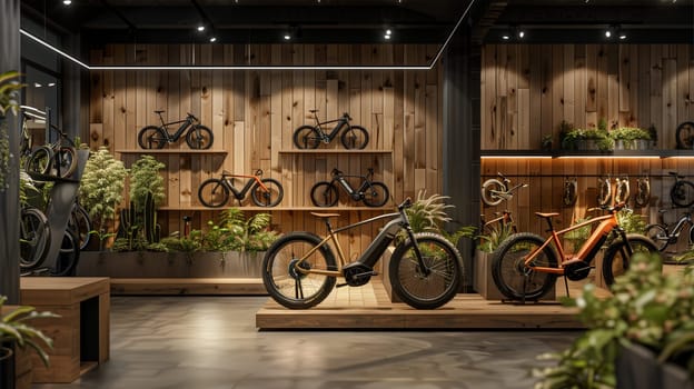 A bike shop filled with various bicycles showcased on wooden shelves.