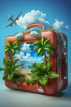 A vibrant suitcase with palm tree designs sits against a backdrop of clear blue sky with a plane flying overhead.