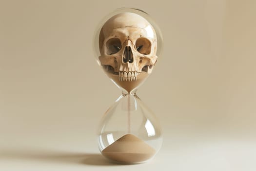 A skull lies trapped within the confines of a sand hourglass, symbolic of the passage of time and mortality.
