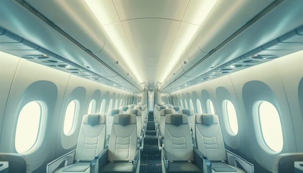 The inside of a plane is shown with a lot of white and blue by AI generated image.