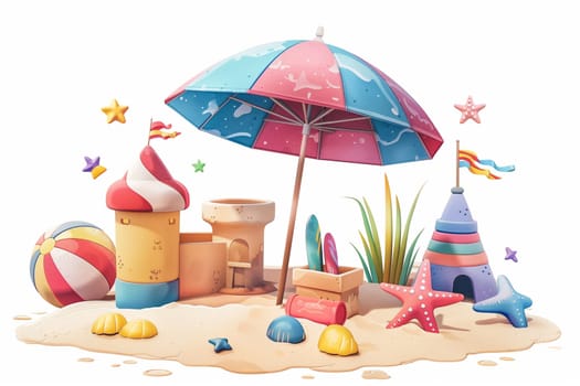 A view of a beach with sand castles being built under a colorful umbrella on a sunny day.