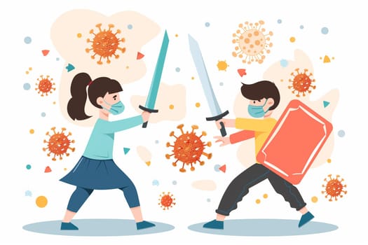 Two individuals engaged in a sword fight, standing in front of a backdrop of menacing coronavirus particles.