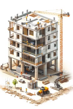 Illustration showing a building in the process of being constructed, with workers, cranes, and scaffolding visible.